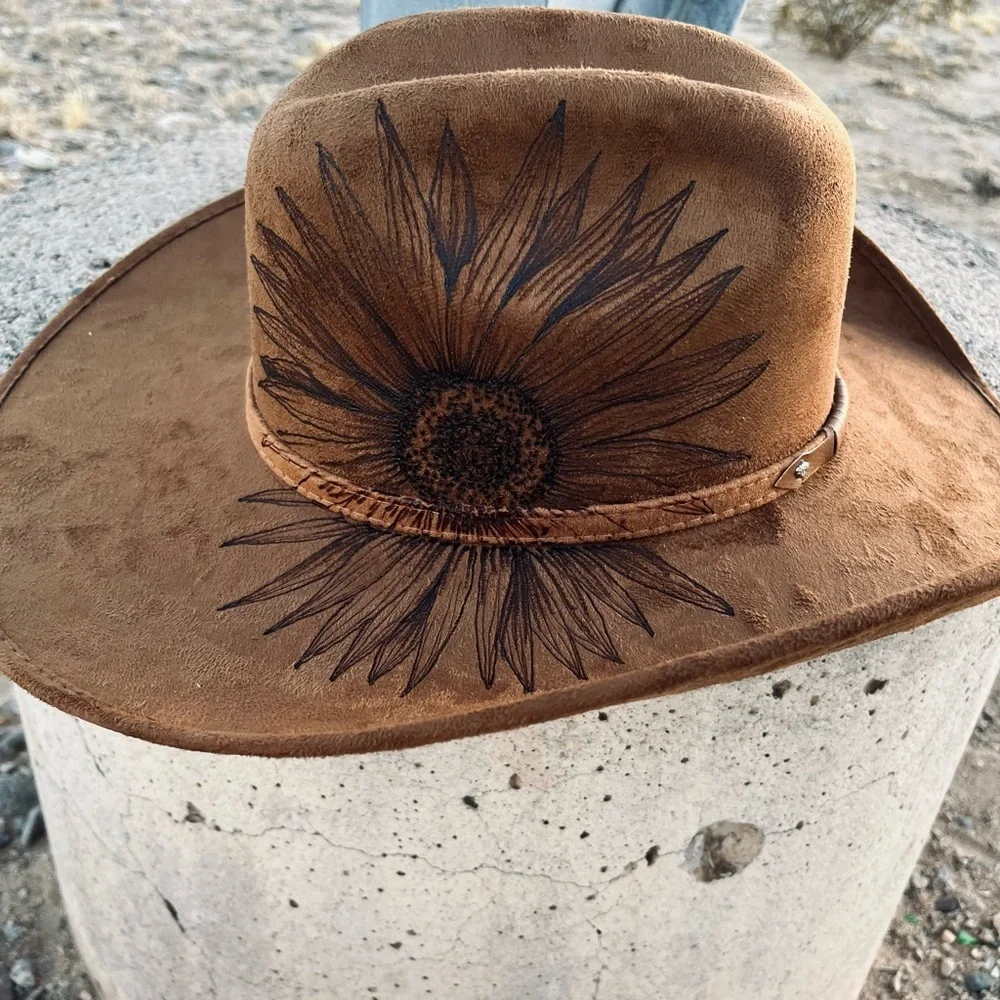 Brown hat with floral steer head design wide brim cowboy hat